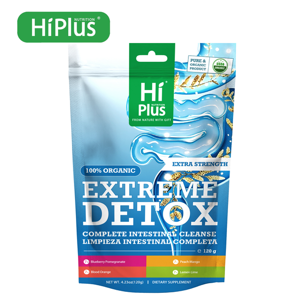 HiPlus® Extreme Detox Bowel Cleanse & Detox Powder with Multivitamin - Lemon Lime, Blueberry Pomegranate, Peach Mango, Blood Orange Flavors, 20 Sachets (120g)