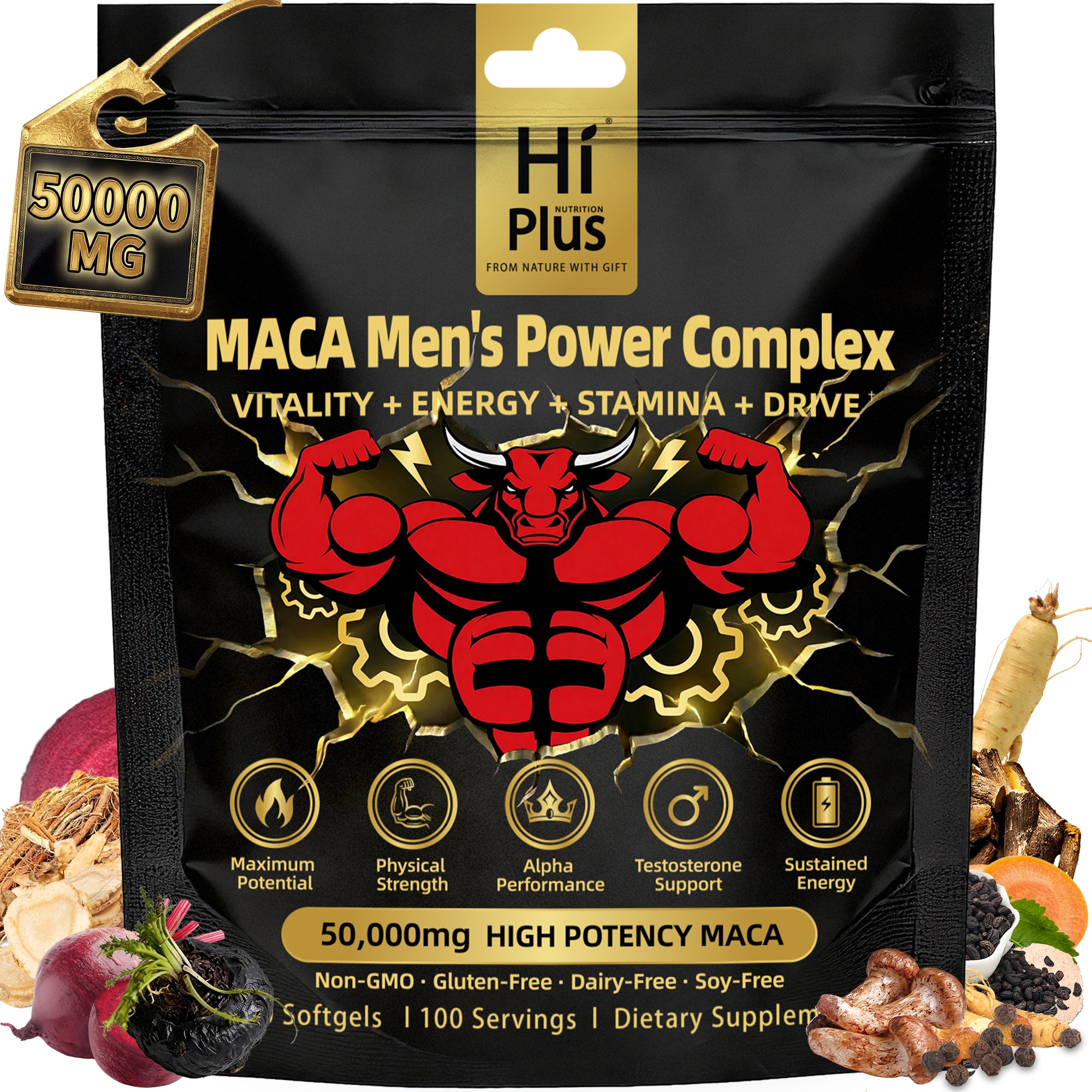 HiPlus®Maca Root Capsules for Men 50,000mg, Men's Testosterone Booster ...