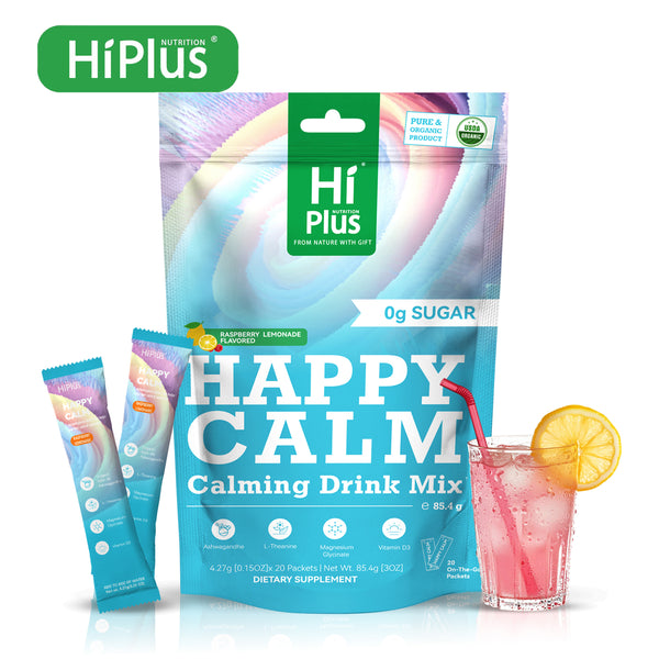 HiPlus® Happycalm-Calming Drink Mix with KSM-66 Ashwagandha, Vitamin D3, Magnesium & L-Theanine-Supports Cortisol Balance, Mood&Sleep,lmproved sleep quality,Minor tensionrelief,without drowsiness-20 On-The-Go Packets