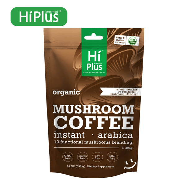 HiPlus® Organic Instant 10-in-1 Mushroom Coffee Powder, 140z | Weight & lmmune Support | Premium Arabica Coffee with Lion's Mane, Chaga & Reishi