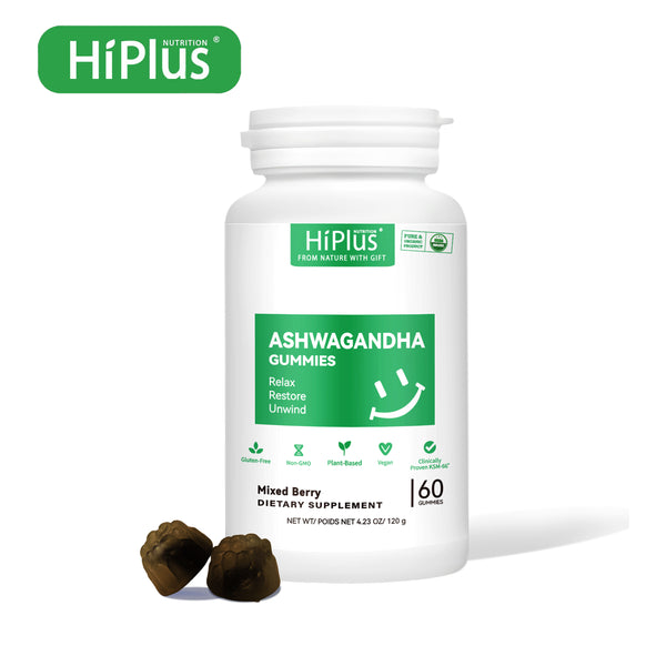 HiPlus® Ashwagandha & Vitamin D Gummies | KSM-66, Mixed Berry Flavor, Plant-Based, Vegan, Non-GMO, Gluten-Free & Gelatin-Free | 60Gummies
