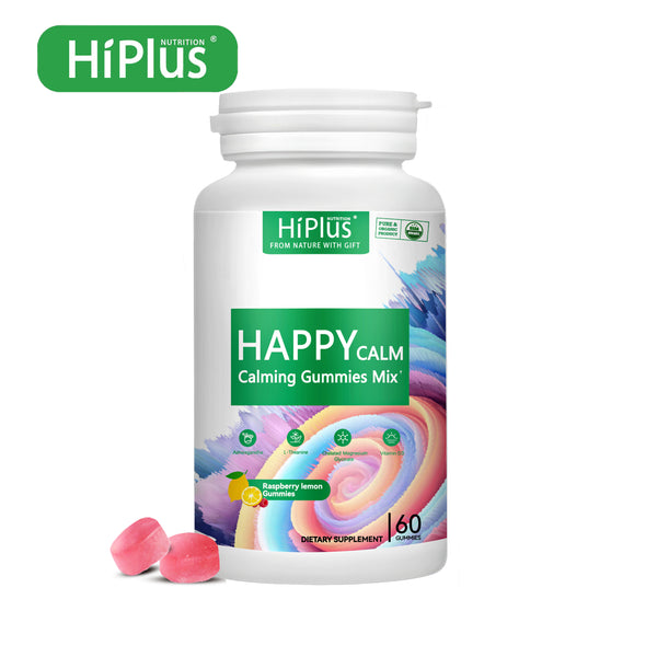 HiPlus® Calming Gummies - Ashwagandha KSM-66, Magnesium Glycinate & L-Theanine Supplement, Vitamin D3 - Ashwagandha Extract - Helps with Focus & Relaxation, Lemon Flavor, 60 Count