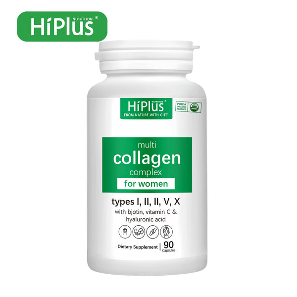 HiPlus® Multi-Collagen Peptide Capsules -Premium Hydrolyzed Formula (Types l, ll, lll, V, X) with Hyaluronic Acid, Biotin & Vitamin C; Unscented; Promotes Radiant Skin, Lustrous Hair, Healthy Nails & Robust Joints-1 Month Supply