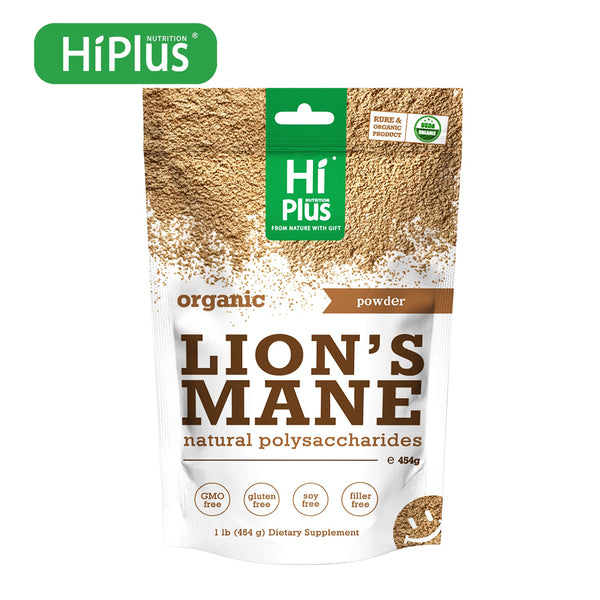 HiPlus® Organic Lion Head Mushroom Supplement Powder | Natural Superfood to Support Brain Function, Energy and lmmune Health | Non-GMO,Vegan, No Additives | 16 oz