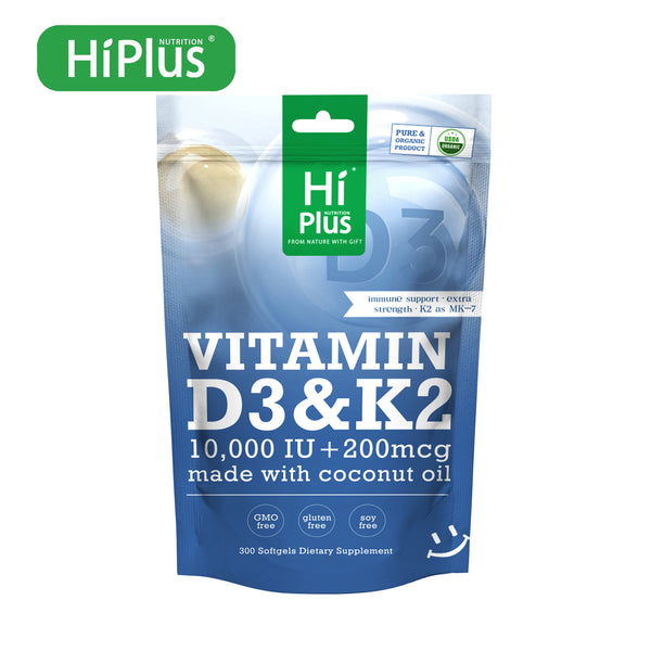 HiPlus® Vitamin D3 & K2 |10,000 lU + 200 mcg, Immune Support & Bone Health, Made with Coconut Oil, 300 Softgels