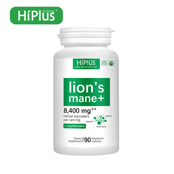 HiPlus® Organic Lion Head Mushroom Supplement Capsules | Natural Superfood to Support Brain Function, Energy and lmmune Health | Non-GMO, Vegan, No Additives | 90 Veggie Capsules