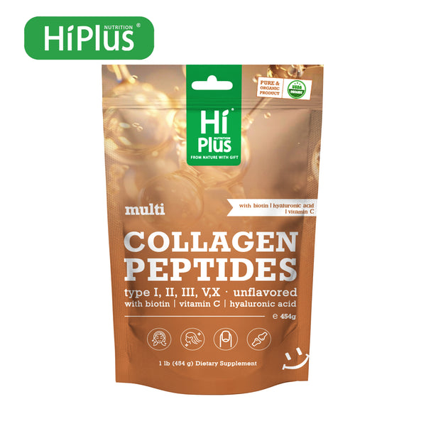 HiPlus® Multi Collagen Peptides Powder Premium Hydrolyzed Formula (Types l, ll, lll, V, X) with Hyaluronic Acid, Biotin & Vitamin C, Unflavored-Enhanced Support for Radiant Skin, Strong Hair, Nails & Joint Health -1 Month Supply