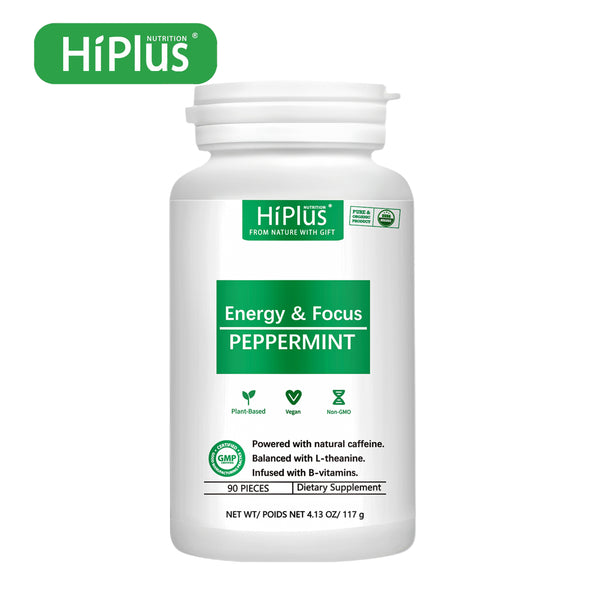 HiPlus® Energy Focused Peppermint Sugar - Sugar Free Refreshing Brain Boosting Contains Natural Caffeine, L-theanine, Vitamin B6, B12, Plant Based Purine, Gluten Free, Dairy Free -90 capsules